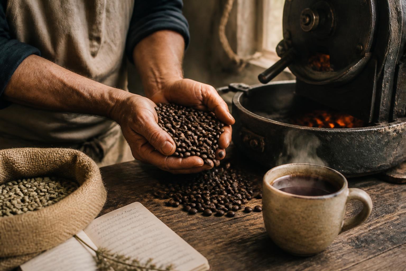 The coffee bean lifecycle — from cherry on the branch through roasted bean to a fresh pour